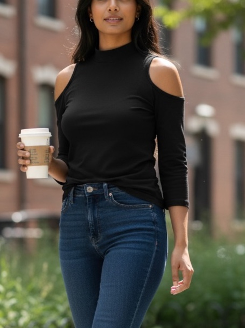 CHARLOTTE RUSSE OPEN SHOULDER MOCK NECK BODY HUGGING TOP BLACK SIZE MEDIUM
